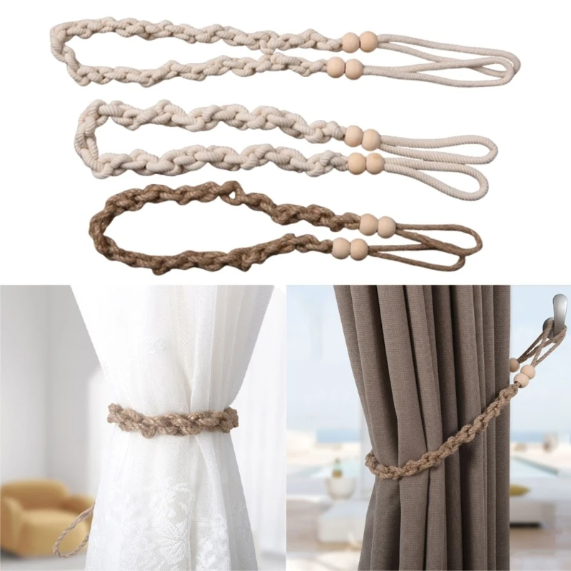 Natural Woven Rope Curtain Tiebacks with Beads 4 Pack Sophisticated Handmade Cord Drapery Holders for Home Decors