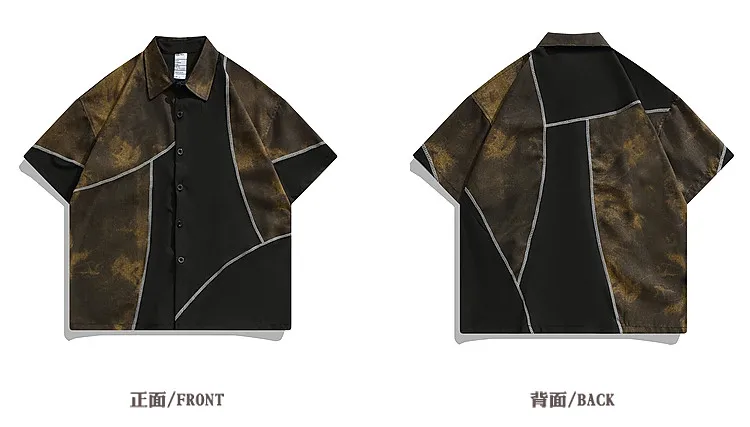 2026 Summer New American Retro Street Style Men's Black and Yellow Stitching Loose Casual Lapel Short Sleeve Shirt