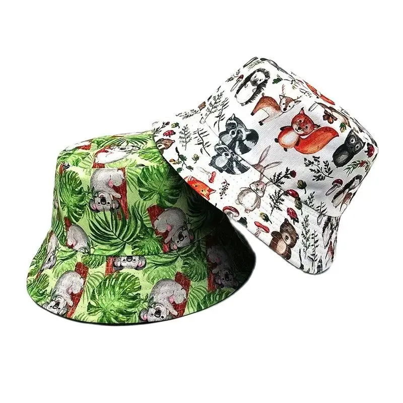 

2024 Four Seasons Polyester Cartoon animals Print Bucket Hat Fisherman Hat Outdoor Travel Sun Cap for Men and Women 282