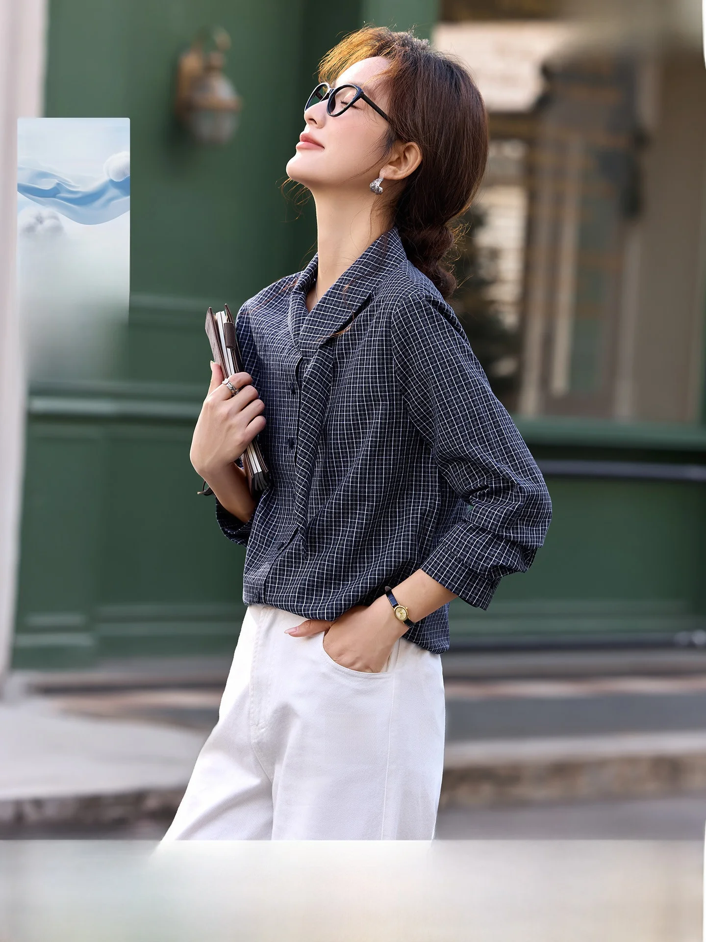 

Женская повседневная блузка из чистого хлопка с длинным рукавом, новая весенняя модель, в клетку, с воротником-стойкой, модная и удобная, высокое качество