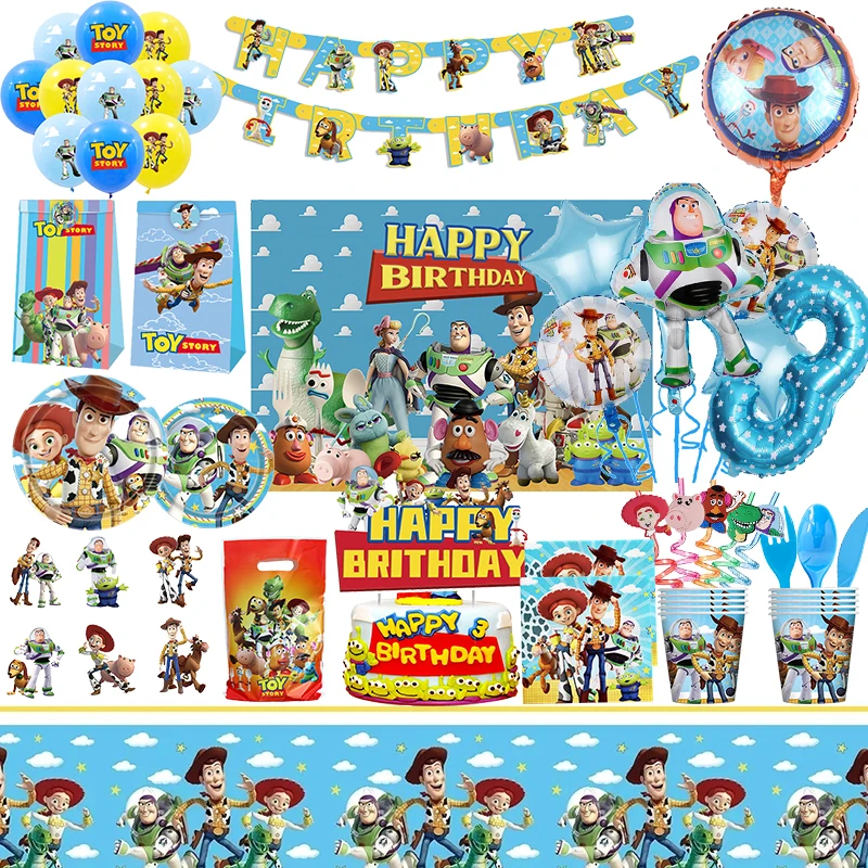 Disney Toy Story Birthday Party Decoration Party Supplies Paper Cups Plates Tablecloth Backdrop Number Balloons Kids Baby Gifts