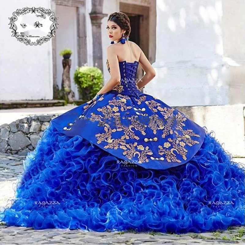 Royal Blau Mexikanischen Quinceanera Kleider Gold Appliques Prom Kleider Perlen Organza Rüschen Rock Korsett Zurück Pageant Kleid