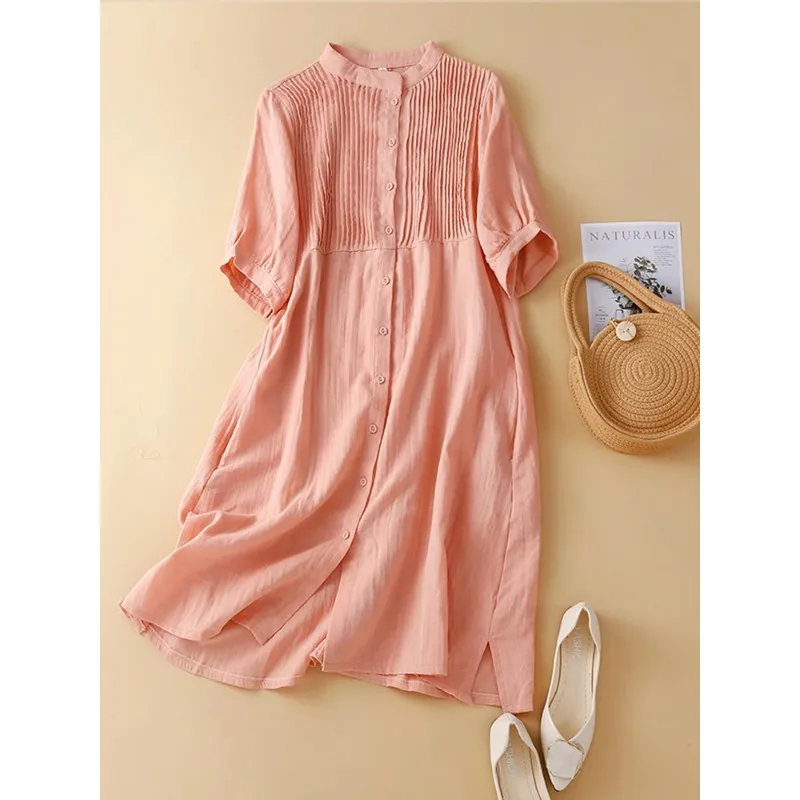 Cotton Women Clothes New Organ Pleats Stand Collar Short Sleeve Mini Dresses Patchwork Pleated Shirt Dress Vestido De Festa N606