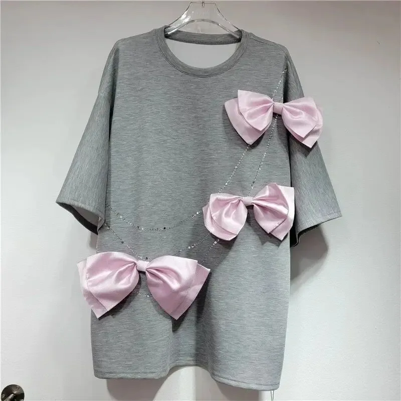 Hot Pressed Cotton Short Sleeved Oversized T Shirt Casual Three-dimensional Bow Decoration Medium Long Temperament Tops