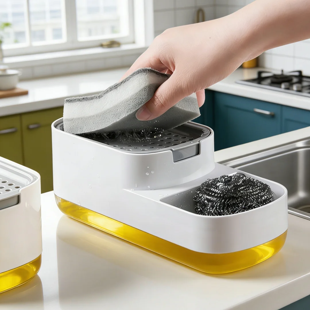 

Countertop Soap Dispenser Press Box Liquid Soap Storage Box Dishwashing Liquid with Sponge Included Sink Soap Sponge Holder