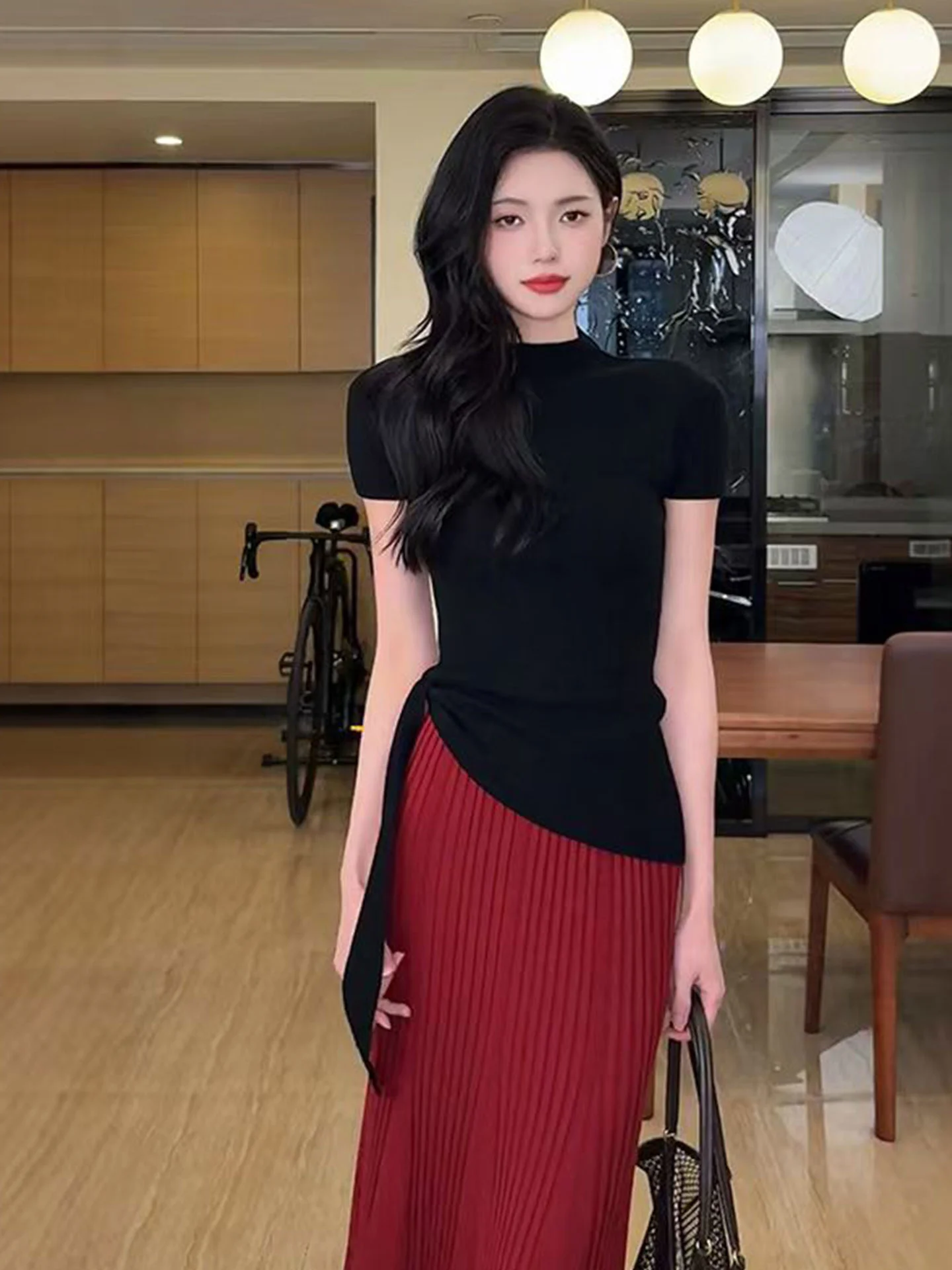 

Ele ort Sve Knitted Ice Silk Slim Fit Pullover Women's Top Korean Sle Commute Regular Sve Length Pure Color