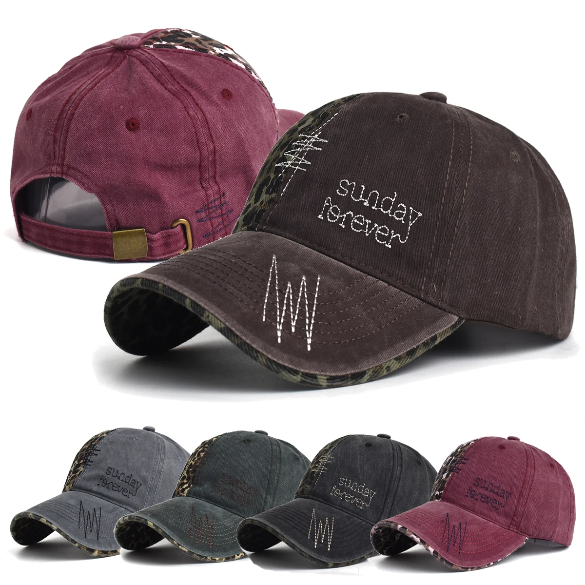 

Leopard Print Vintage Baseball Cap Washed Cotton Hat Men Women Adjustable Casual Outdoor Sports Cap with Letter Embroidery