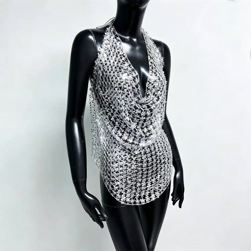 Damen Glänzendes Acryl-Pailletten-Top mit Ausschnitten, Sexy Tiefer V-Ausschnitt, Rückenfreies Neckholder-Oberteil, Durchsichtiges Strand-Party-Top – Detail 6