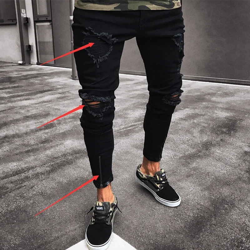 Men's Black Ripped Skinny Jeans Stretch Zipper Pants Fashion Streetwear