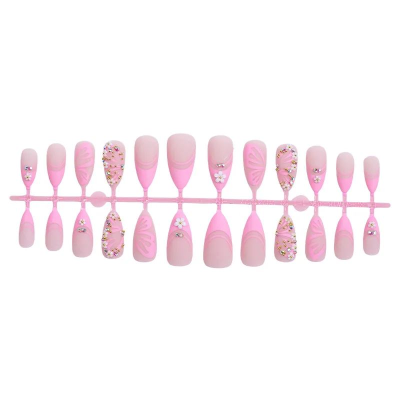 Almond-shaped Handmade Butterfly Wearing Nail Flower French Manicure Press-on Nails Pink Patch Finished Sticker