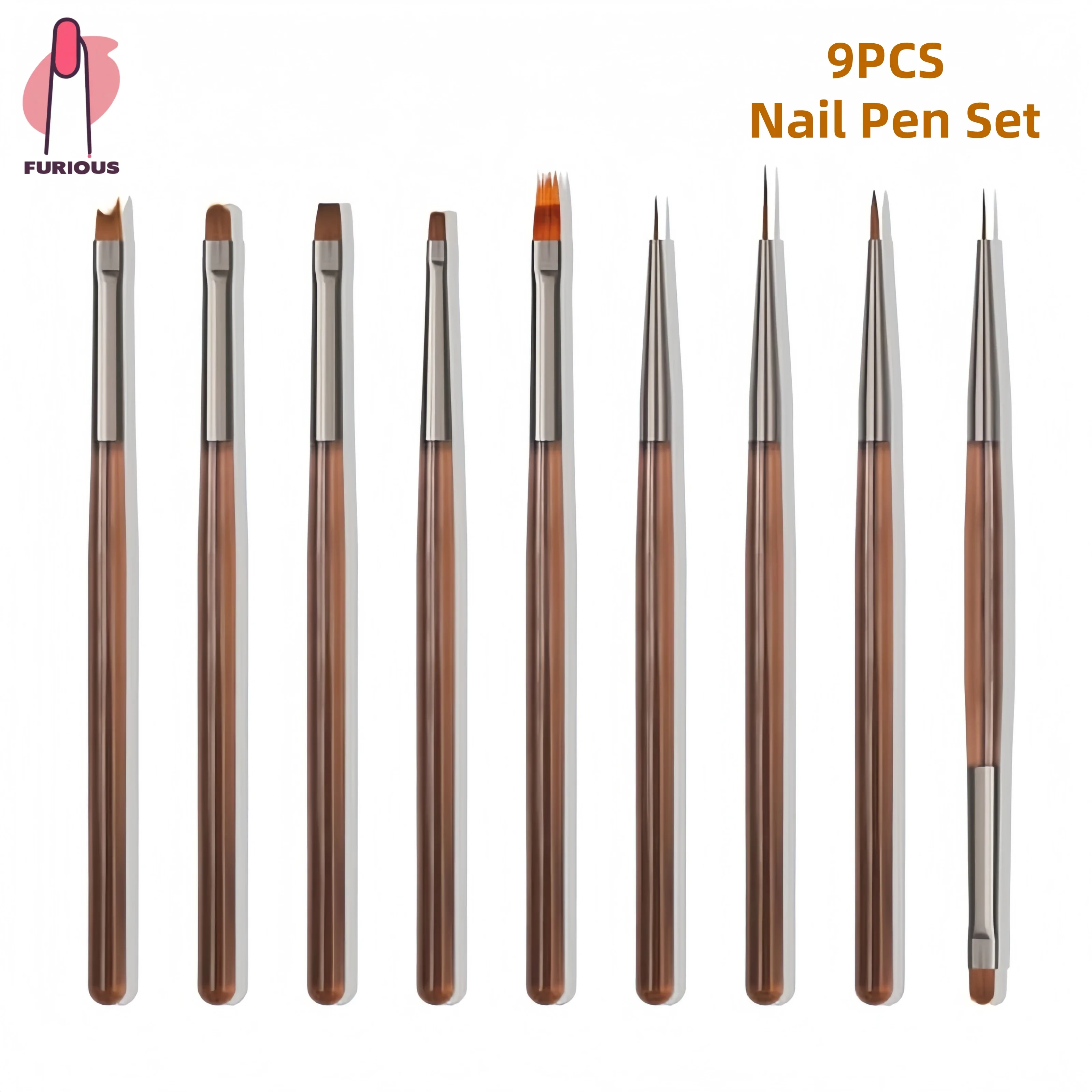 9 pçs pincéis de arte do prego profissional pintura caneta forro diy escova para design da arte do prego ferramenta manicure marrom e cinza