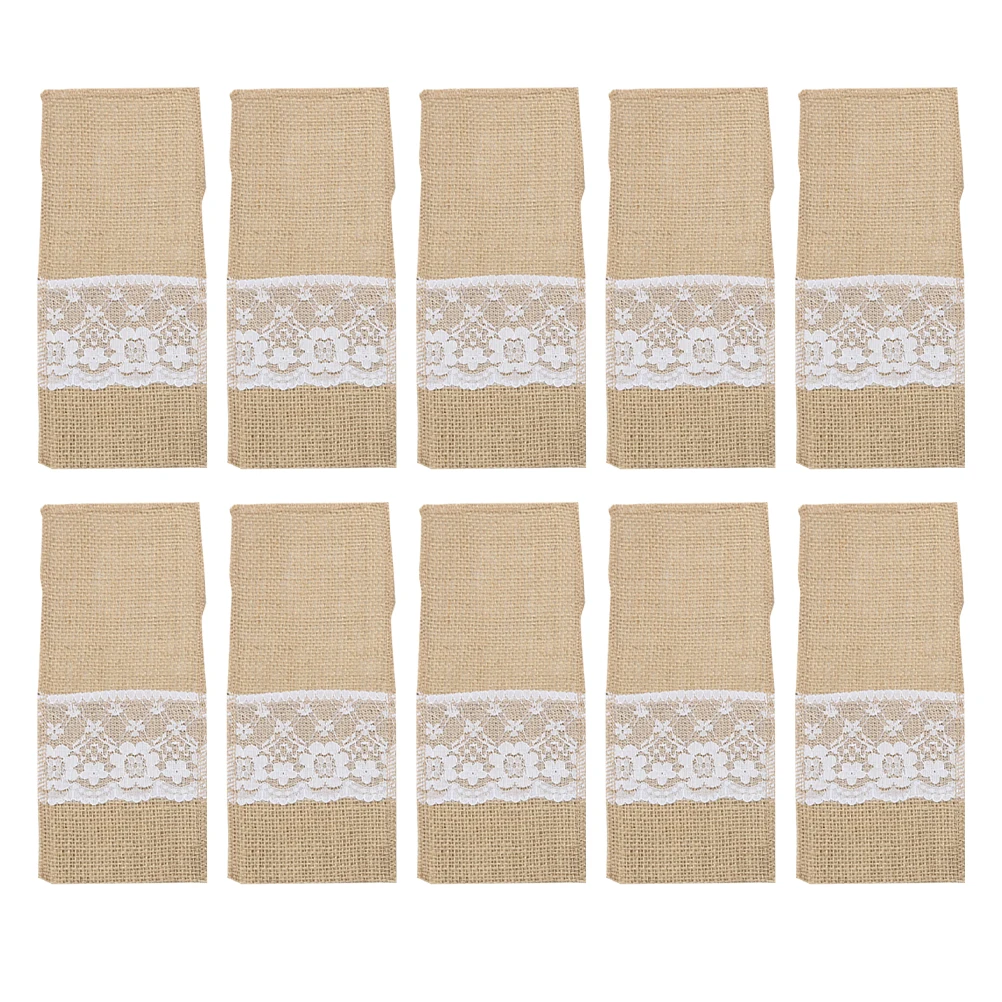 

10pcs Cutlery Bag Vintage Flax Lace Tableware Cover Portable Lunch Fork Pocket Wedding Home Decor Rustic Style