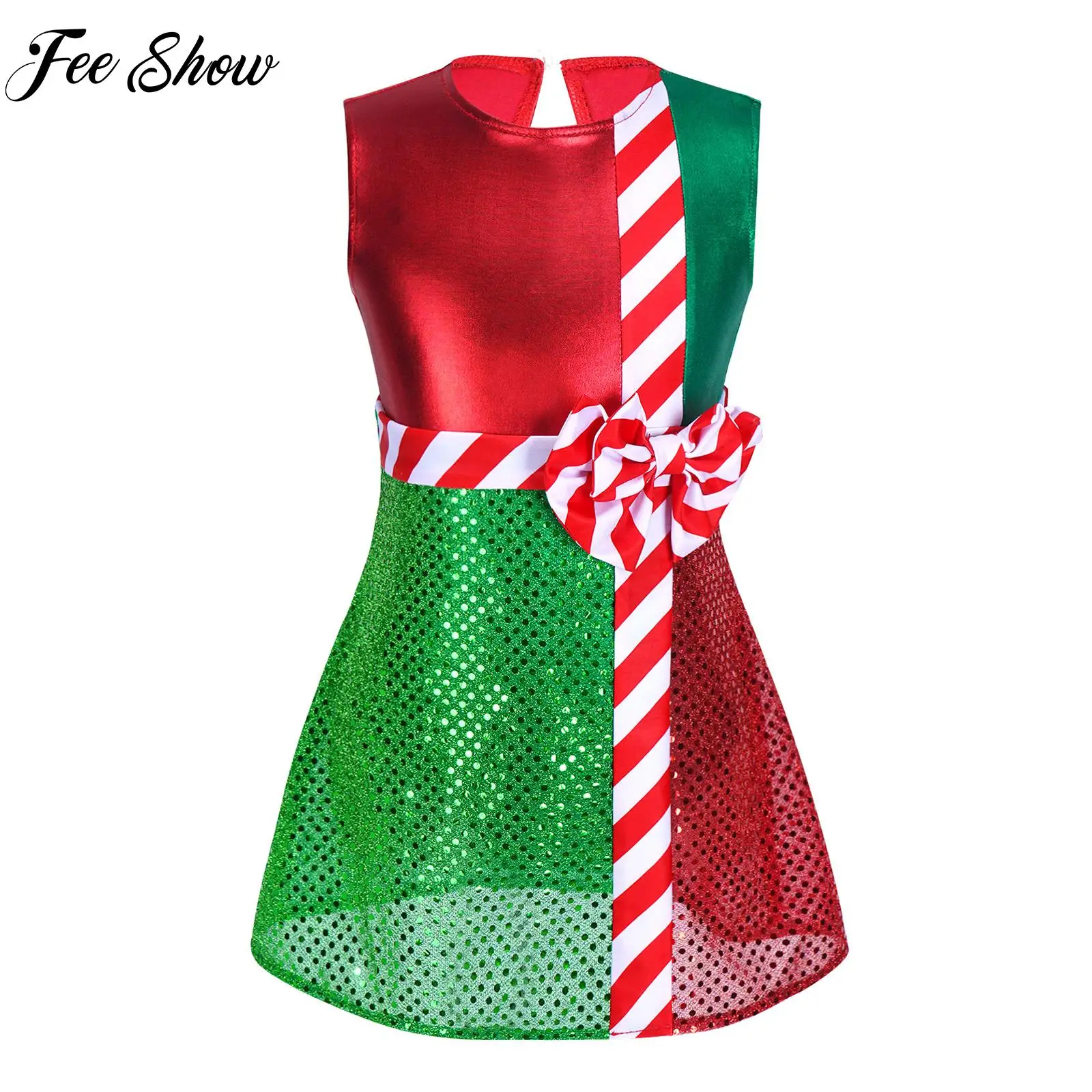 

Girls Kids Christmas Cosplay Dress Striped Color Block Sleeveless Shiny Layer Skirt Jumpsuit for Halloween Circus Stage Costumes