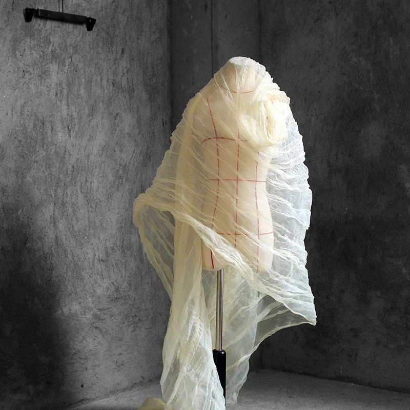 Nude beige organza pressed pleated three-dimensional sheer mesh pleated heavy texture fabric designer fabric