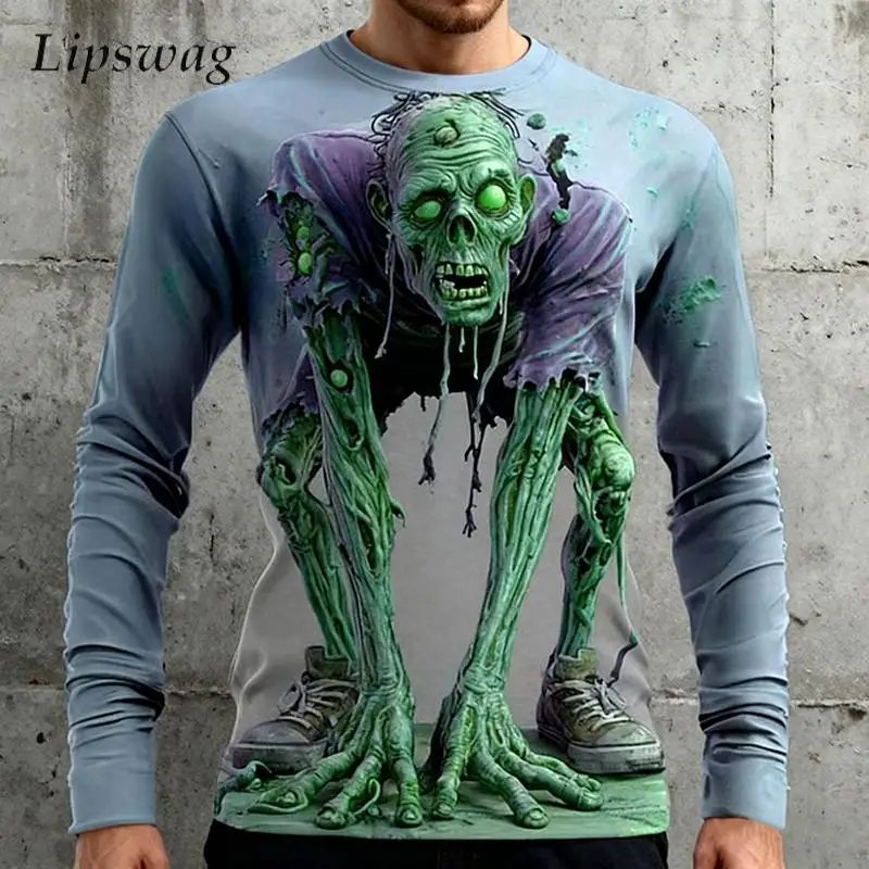 

Halloween 3D Zombie Printed T Shirt Mens New Casual Long Sleeve O Neck Pullover Tops Men Spring Fall Stylish Slim Fit T-shirts