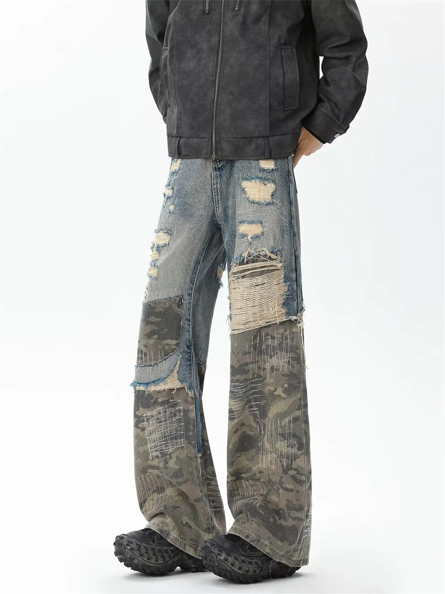 

Американские джинсы мужские с камуфляжным пэчворком, винтажные, рваные, в стиле ретро, уличный стиль, длинные, прямые, свободного кроя