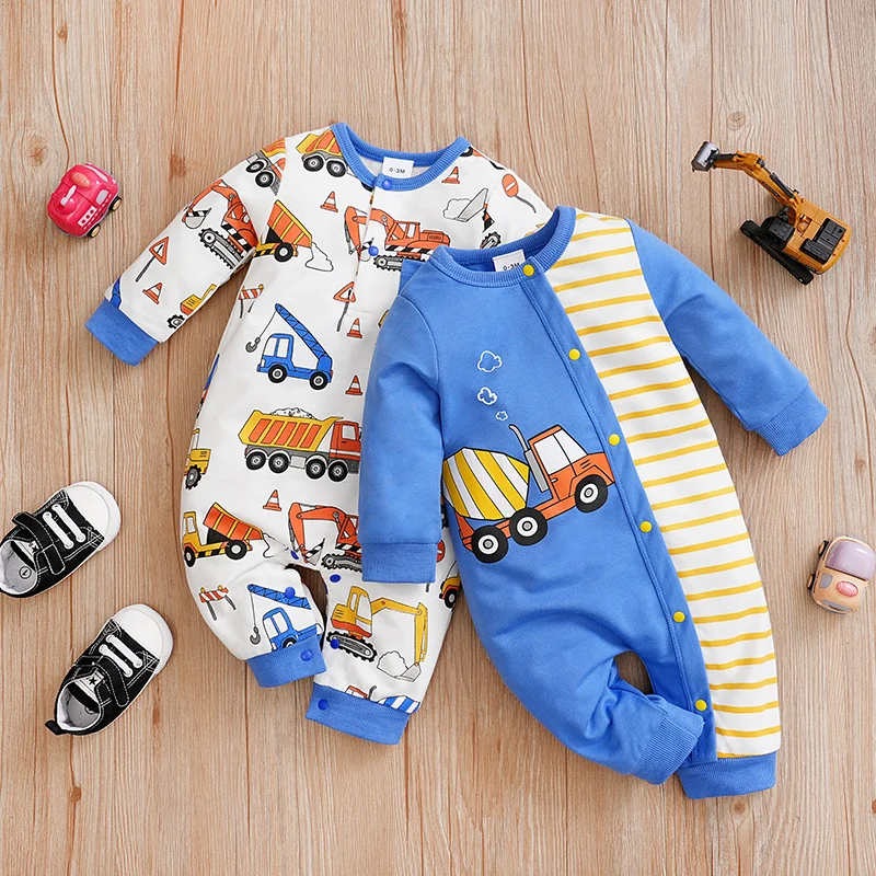 

2Pcs Baby Long Sleeved Jumpsuit Spring Round Neck Shirt Cartoon Engineering Car Pattern For Boys And Newborns Autumn Hoodie