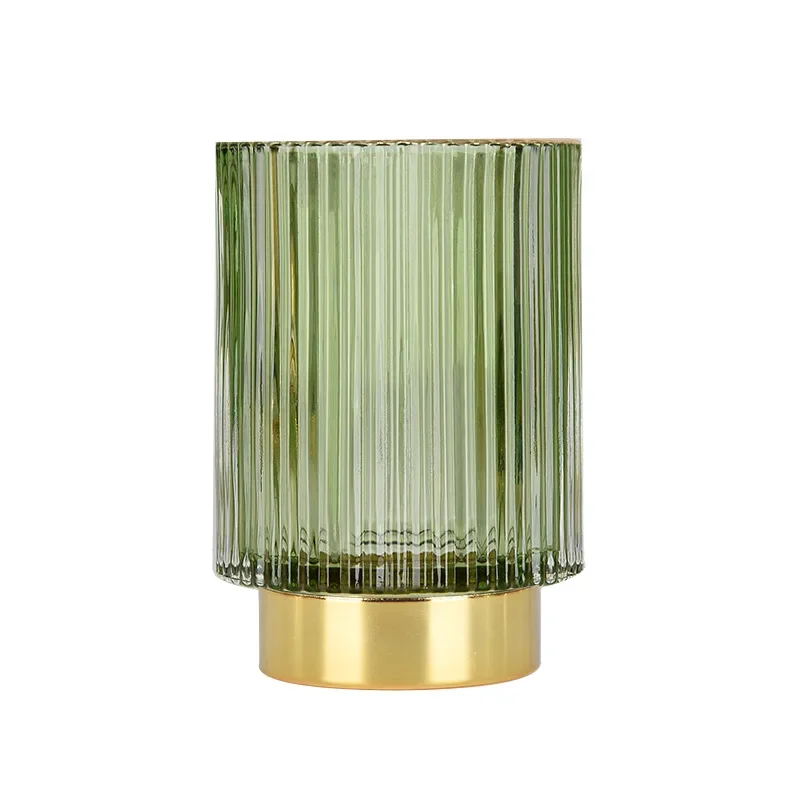 Versatile Green Glass Storage Bucket with Gold Trim and Stripe Design Perfect for Makeup Pens and Flower Arrangements