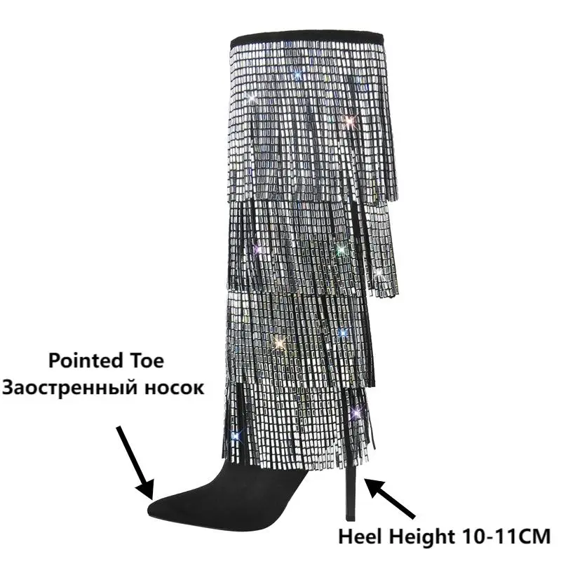 Onlymaker Women  Rhinestone Fringe Stiletto Knee High Boots Thin Heel Fashion Pointed Toe Tassel Crystal Moden Boots