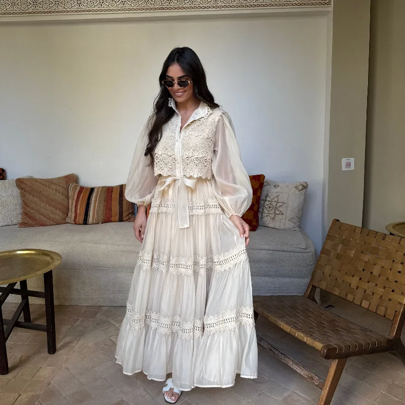 

Elegant Hollow Out Organza Long Maxi Dresses Shirt Women Spring Summer Layer Ruffle Full Sleeve Pearl Evening Party Vestidos