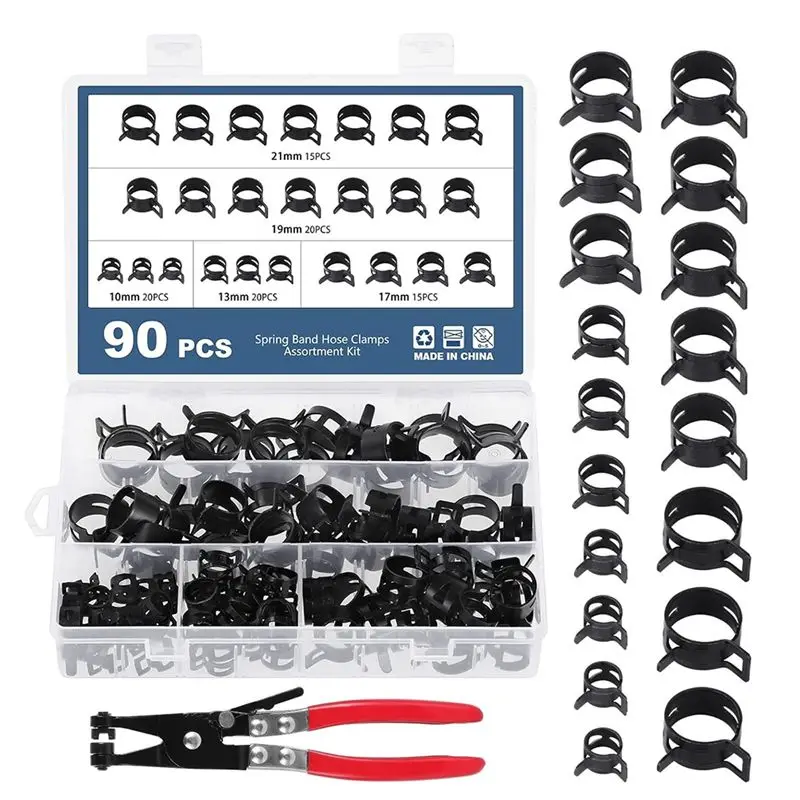 SDFC-Premium 91 Pieces Spring Band Hose Clamp Collection With Pliers For Efficient Air And Vacuum Hose Management