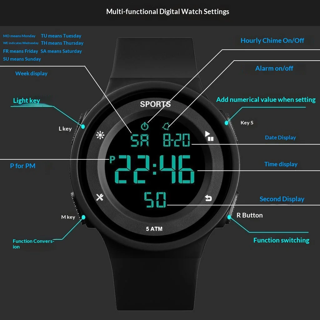 

Водонепроницаемые светящиеся стильные минималистичные многофункциональные спортивные часы для фитнеса и спорта