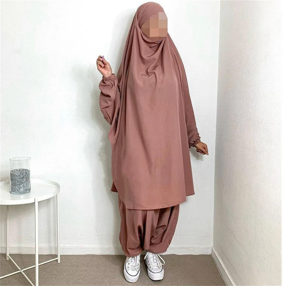 Eid Hooded Muslim Women Prayer Garment Dress Set 2 Piece Harem Pants Khimar Robes Full Cover Ramadan Gown Abayas Islamic Niqab