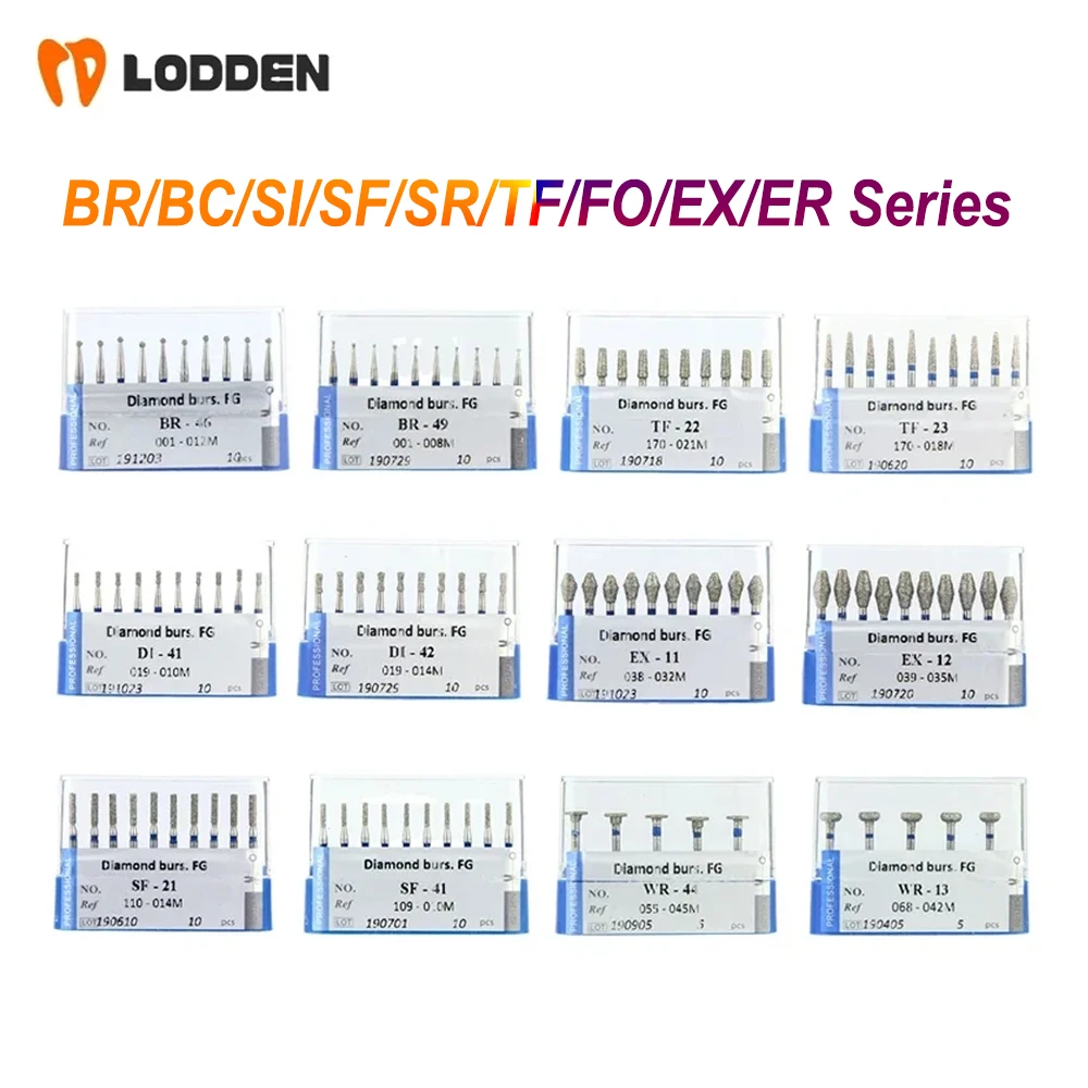 

10pcs Dental Diamond Burs BR/BC/SI/SF/TO/FO/EX/ER 1.6mm for High Speed Handpiece Diamond Drills Dental Lab Polishing Tools