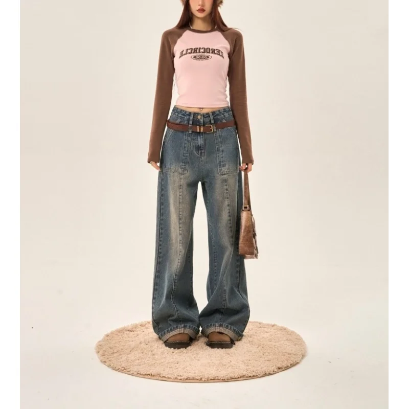

Retro Blue Jeans Women's Spring and Autumn Niche Slimming Loose Wide Leg Straight Daddy Pants