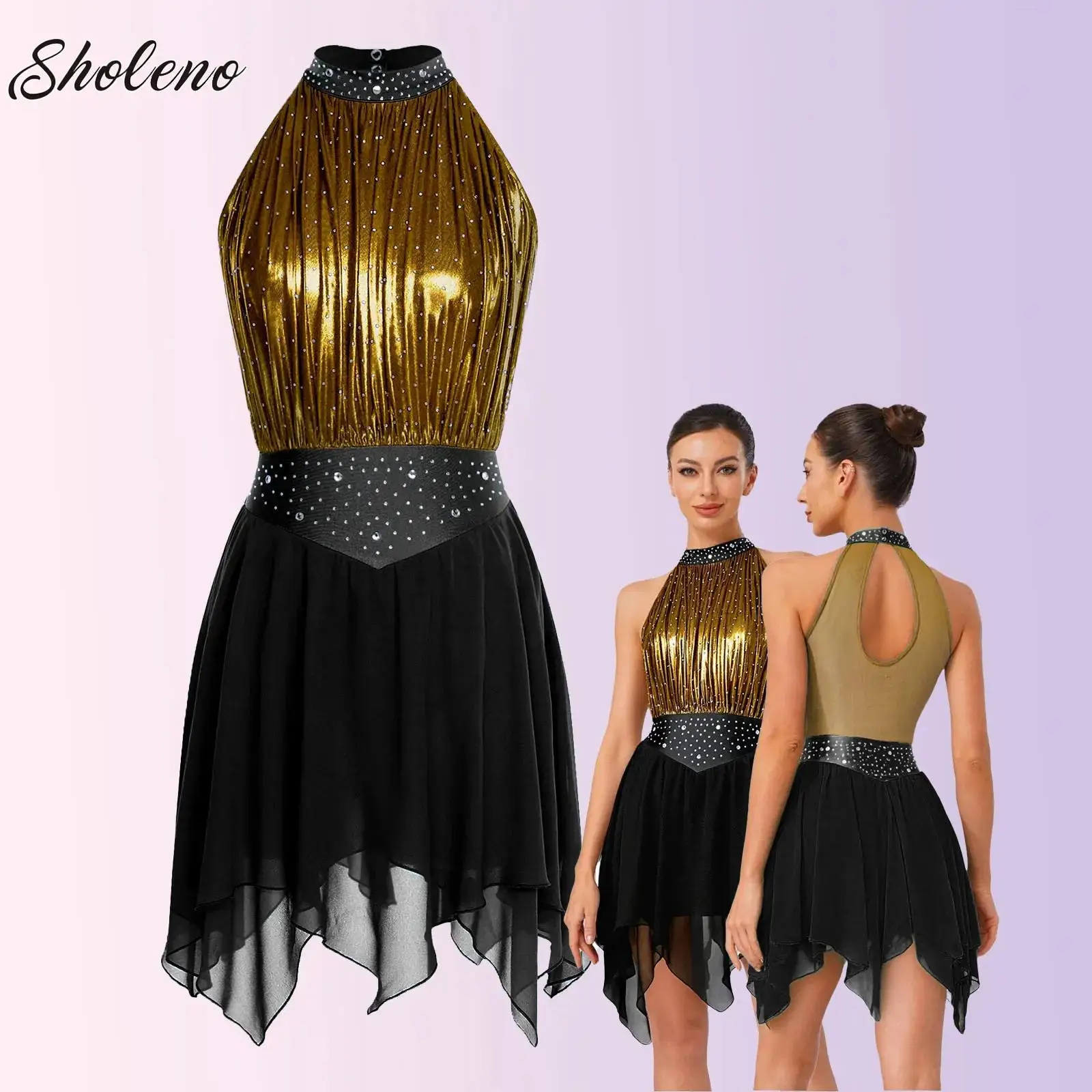 الكبار الجمباز الشكل التزلج زي النساء راقصة الباليه توتو فستان رقص غنائي لامعة الراين لامع الباليه جيرسي فستان #1