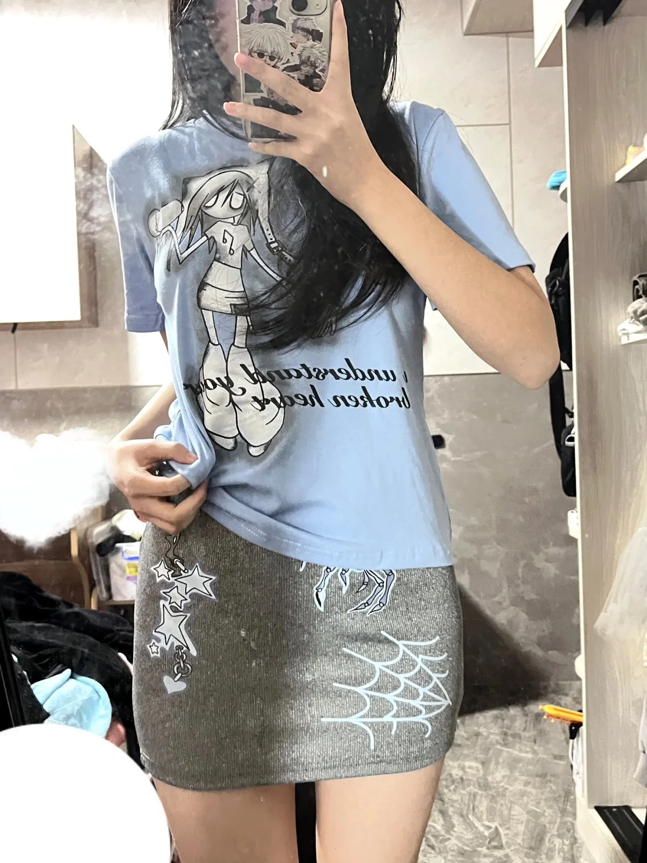 

Kimotimo Y2k Tie Dye Anime Printed Skirt Sets Women Japanese Short Sleeve T-shirts +mini Skirt Harajuku Spicy Girl Suits Summer