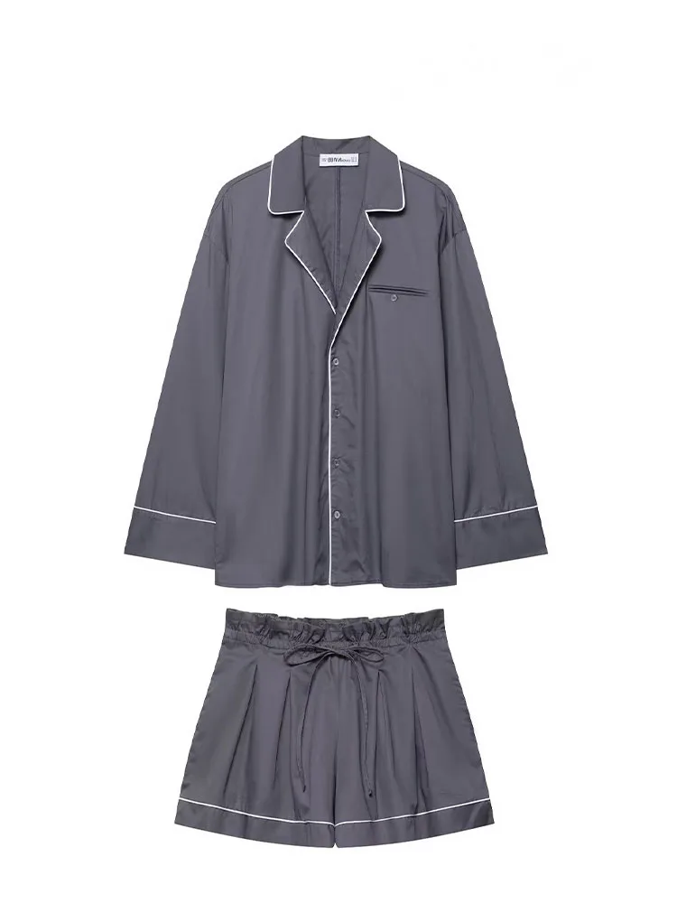 

HH Women Fashion Lapel Single-breasted Long Sleeve Poplin Frill Shirts+Loose Elastic Waist Drawstring Pocket Shorts Suit