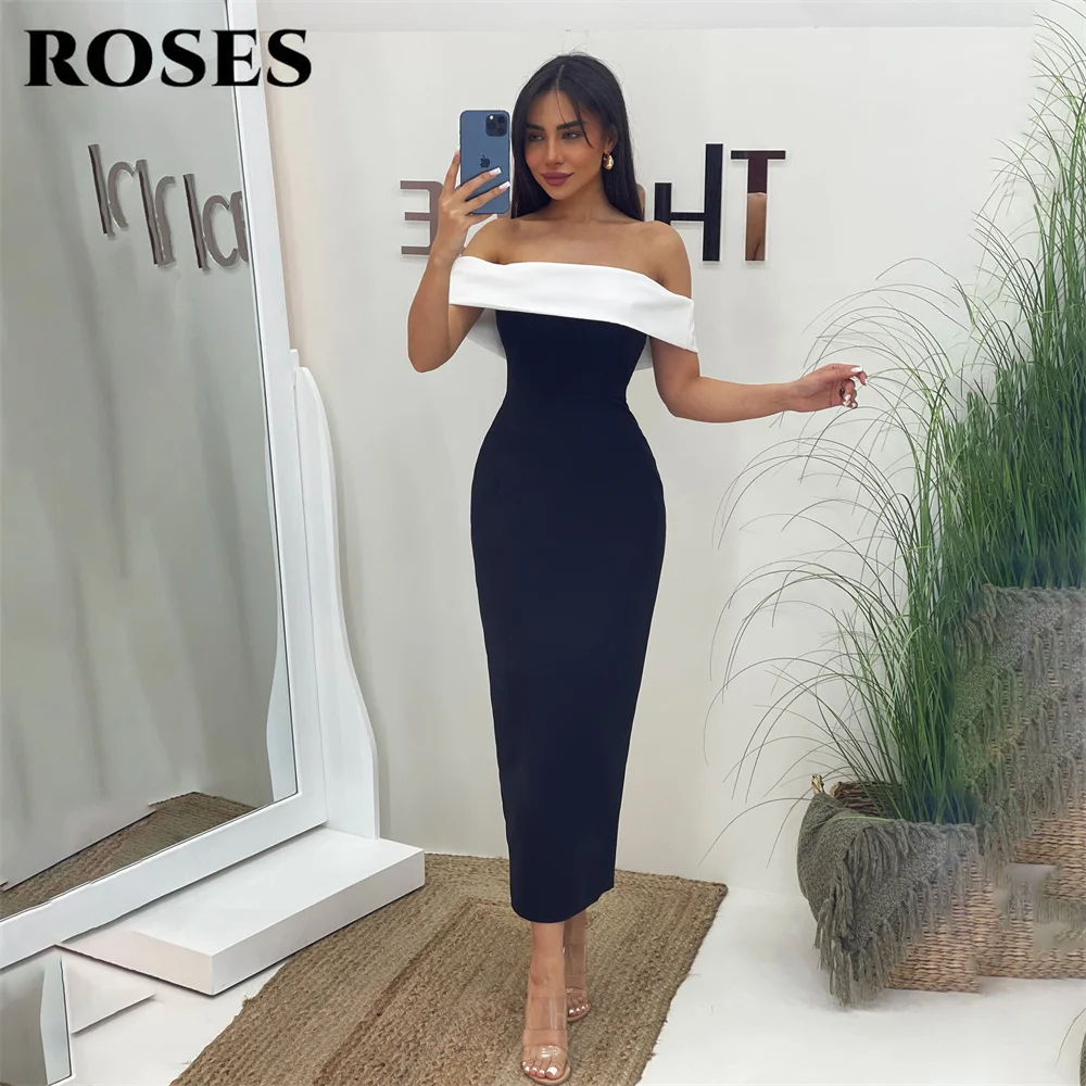 

ROSES Dark Blue Evening Dresses Off Shoulder Prom Dress with Contrast Satin Collar Party Dress Mermaid Gala Dresses Customized