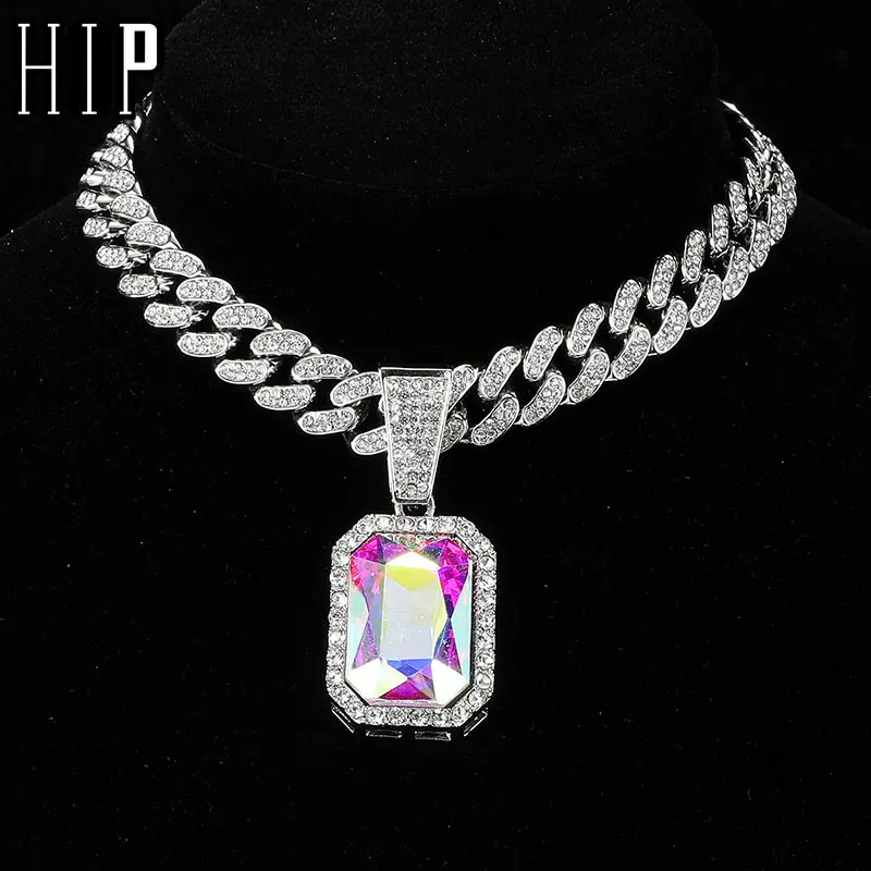 HIP Iced Out Square Pendants With 13mm Cuban Link Chain Rhinestone Necklaces For Men's Women Rapper Jewelry