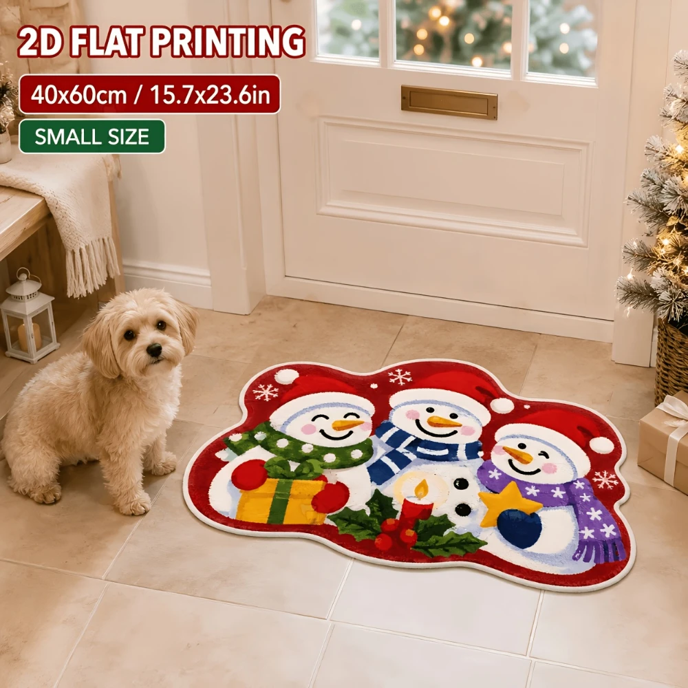 Blue Pink Snowman Trio Rug Irregular Cute Holiday Welcome Entrance Doormat Winter Vibes Christmas Shaped Floor Mat