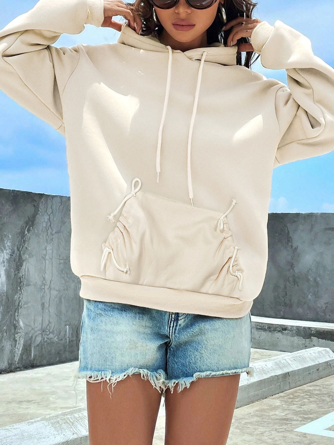 

Women's Drawstring Pocket Hooded Sweatshirt, Women's Autumn and Winter Long-Sleeved Dropped Shoulder Hoodie