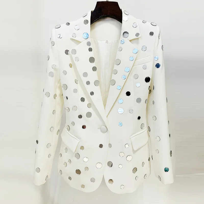 JAMERARY Top Quality Fashion Runway Mirrors Beads One Button Suit Coat Women White Jacket