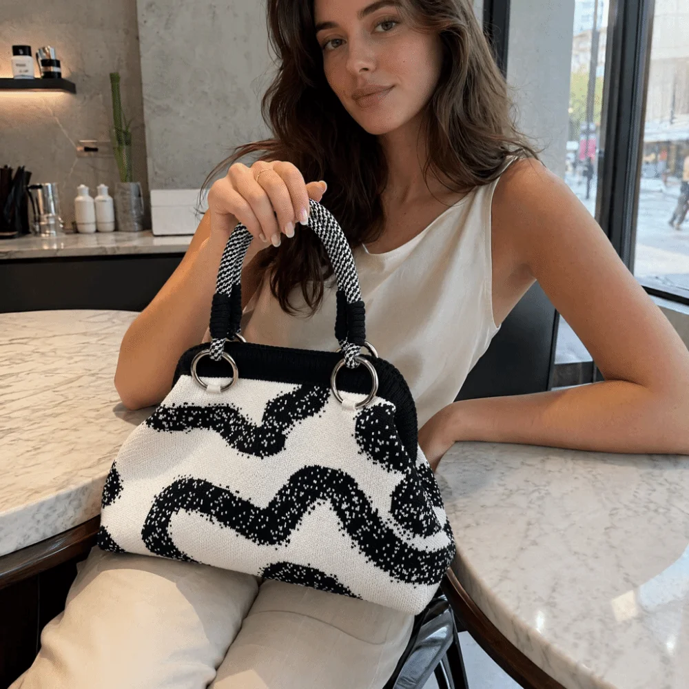 

Colorful Print Woven Handle Handbag Large Capacity Versatile Design Top Handle Purse Stylish Lightweight Dumpling Shoulder Bag