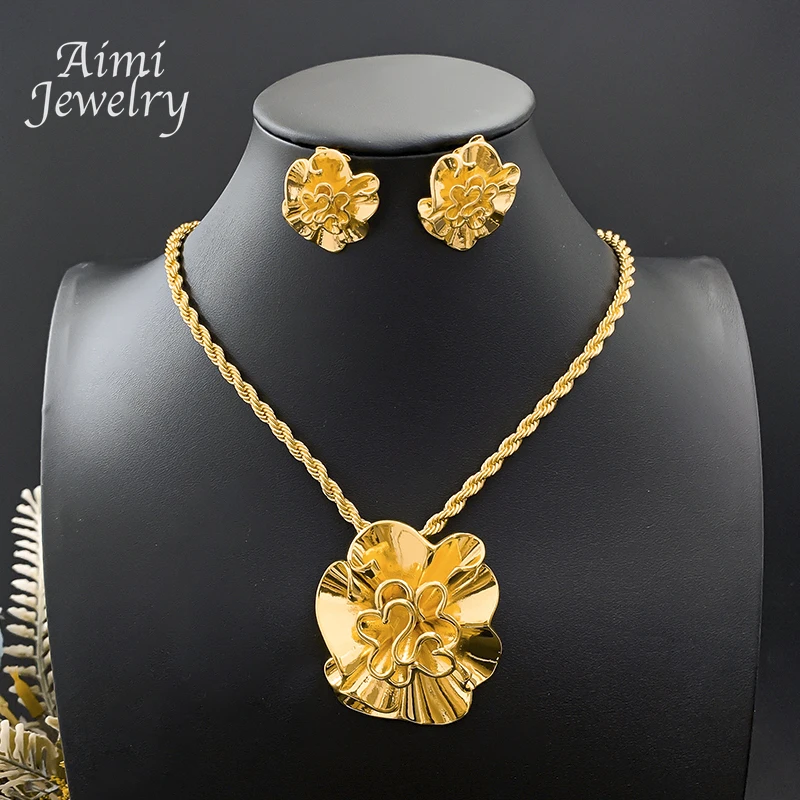 Original Flower Pendant with Chain African 18K Gold Plated Jewelry Set Earrings Necklace Brazilian Bridal Wedding Party Gifts