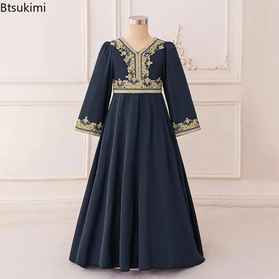 이드 무슬림 어린이 드레스 사우디 두바이 아바야 라마단 기도복 긴 소매 카프탄 아랍 이슬람 캐주얼 로브 소녀 파티 드레스