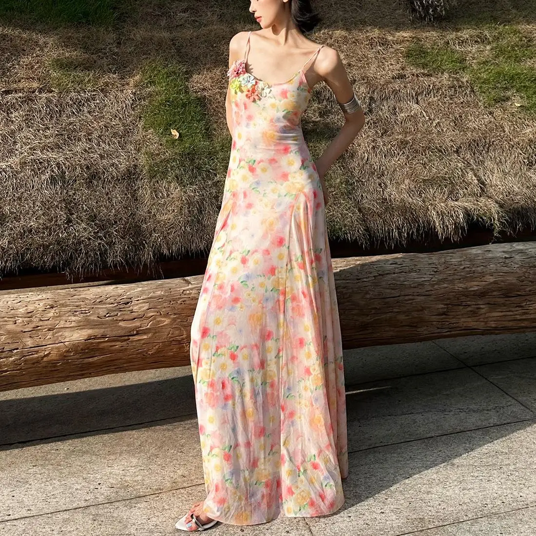 Sommer Fre Blumendruck Lang Dr Damen Cross-Border Sle Trägerkleid mittlere Taille A-Linie Rock Keine Marke Europäische Sle