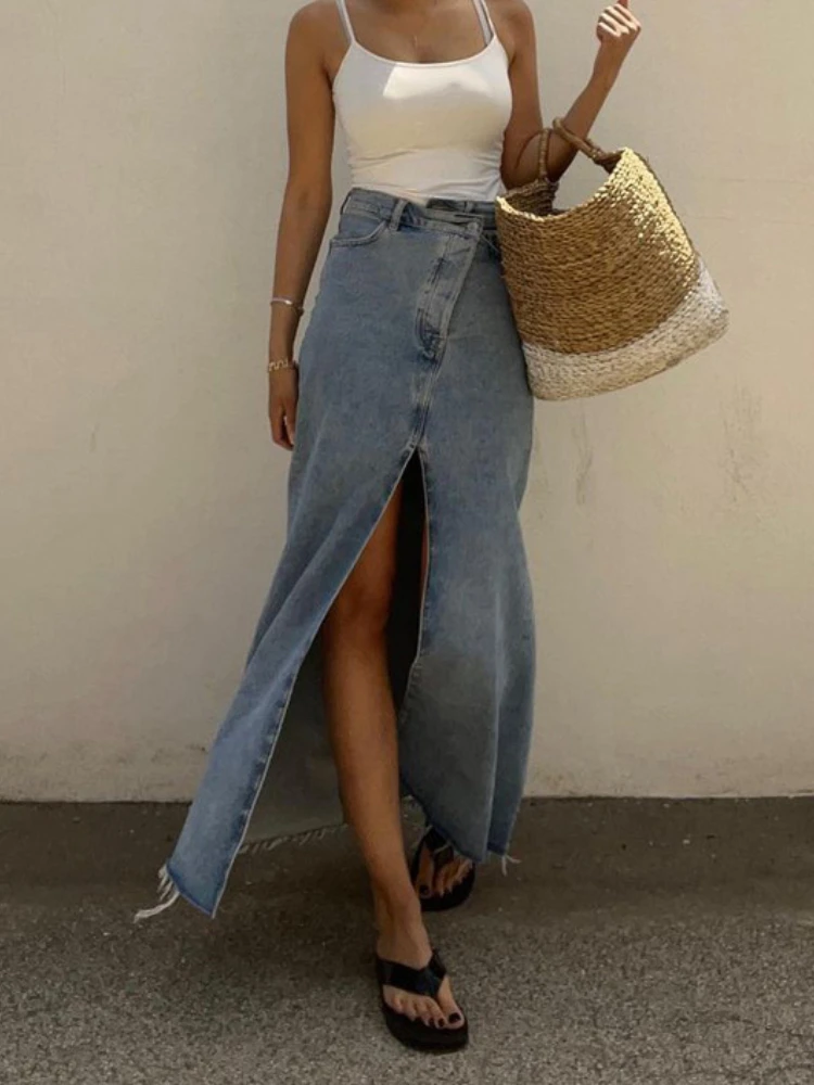 

Fashion Women Split Hem Blue Denim Skirts Solid Color Vintage High Waist Slit Long Skirt Office Casual Wrap Skirt Streetwear