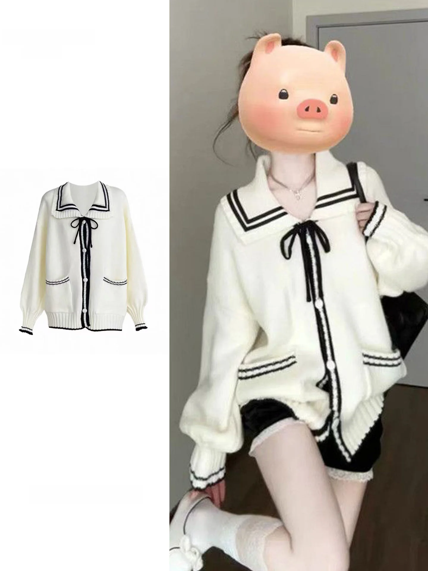 plus Size Sweet Preppy Style Knitted Open Cardigan Women's Autumn Winter Loose Slimming Sweater Jacket Navy Collar Casual Wear