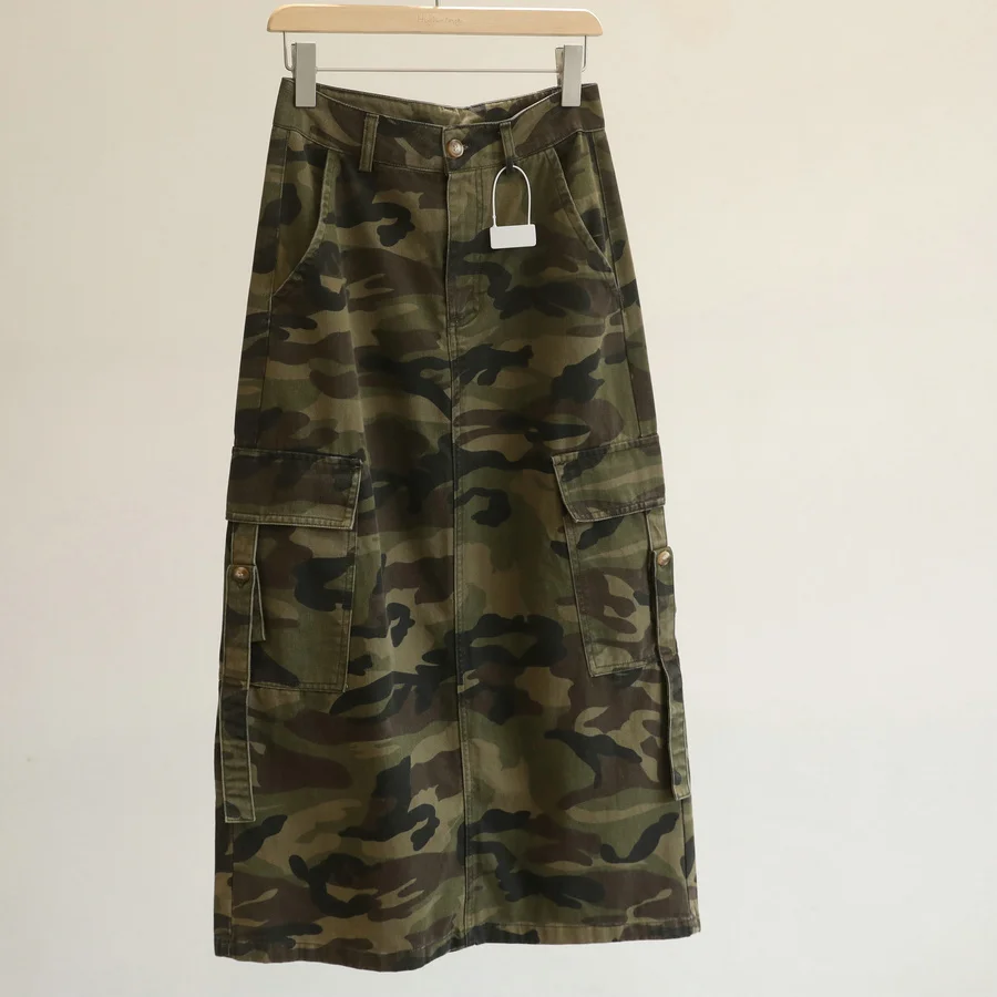 High Waist A-Line  Skirt for Women with Multiple Pockets American Workwear Style Camouflage Slimming Trendy Girl Hip Cove...