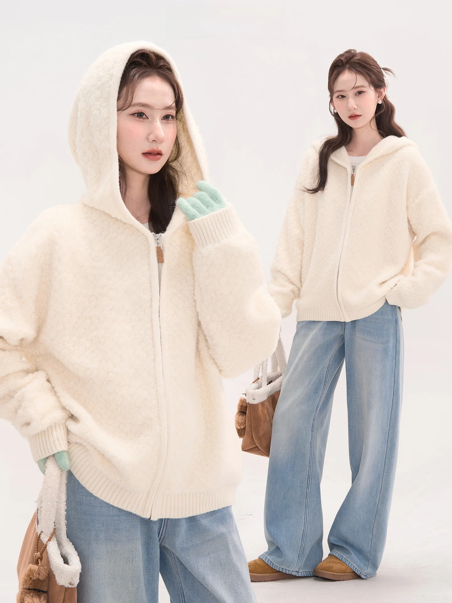 

Heme Silver Girl Lamb Fur Hooded Zipper Open Cardigan Sweater Winter Outerwear Commute Sle Regular Fit Online Exclusive