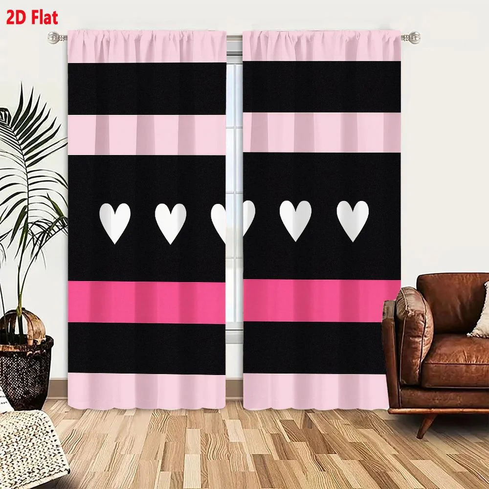 2Pcs Curtains 2D Flat Horizontal Stripes And White Heart Shapes Pattern With Black And Pink Alternating Stripes Five Simple Hear