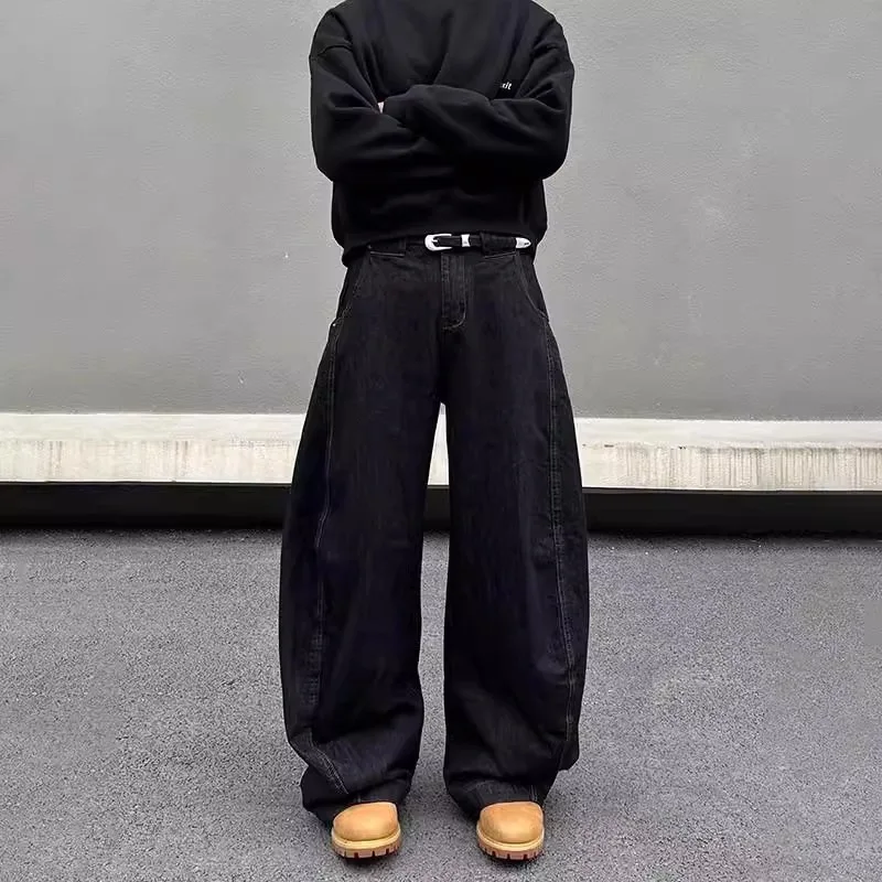 

Spring Autumn American Vintage Men's Black Solid Color Loose Straight Casual Trendy Simple Basic Jeans Pants Male Denim Trousers