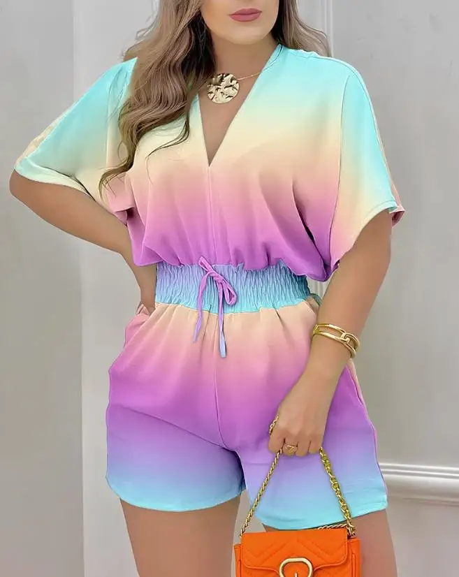 2023 Summer Woman Short Jumpsuits Elegant V-Neck Ombre Batwing Sleeve Shirred Waist Romper New Fashion 2023 Casual