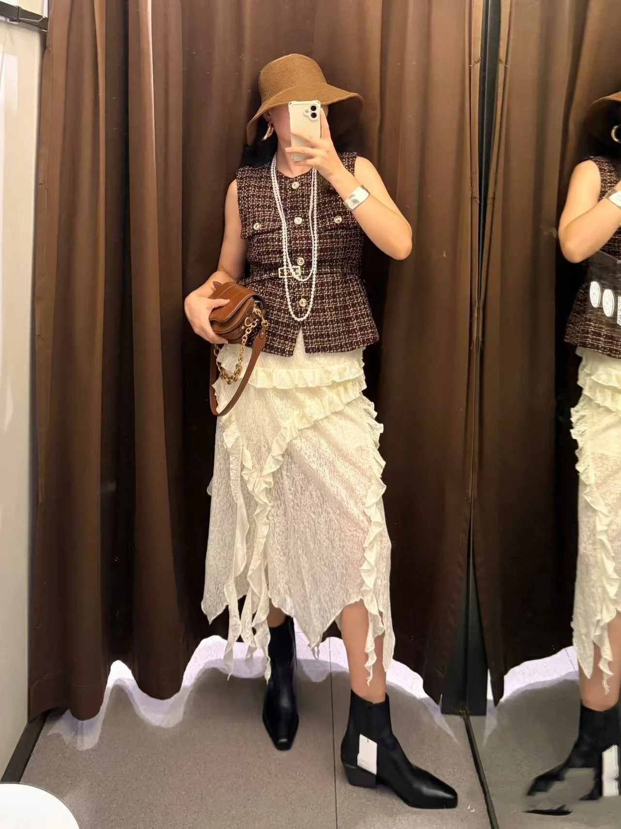 Automne 2025 Nouveau petit Fraance pour femmes, ceinture taille haute, taille Svel en texture, débardeur de luxe en polyester léger...