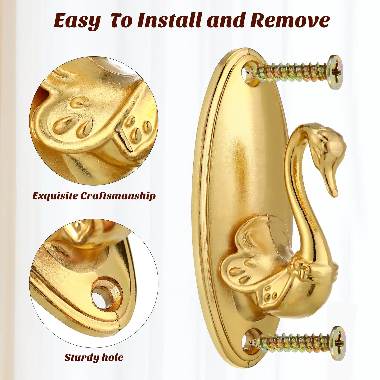 Swan Curtain Holdback Hooks Pair Golden Aluminum Alloy 3.54x1.38x1.38in Unique Decorative Curtain Tiebacks for Drapery Wall
